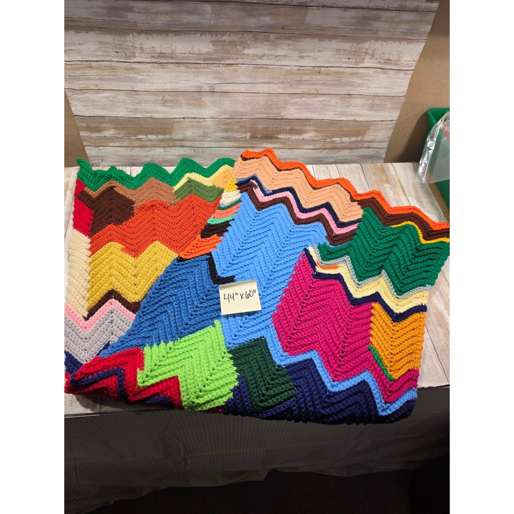 Handmade Crochet Afghan Blanket Multi Color Chevron Ripple Throw 44x60 Retro